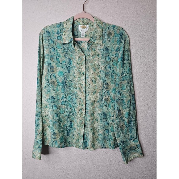 Talbots Tops - Talbots Pure Silk Snakeskin Print Blouse Teal Green Animal Print Button Down 12